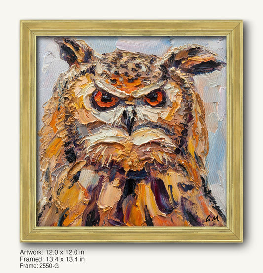 Textured oil painting of an owl with intense orange eyes, framed in a warm gold ornate frame, vertical composition on canvas