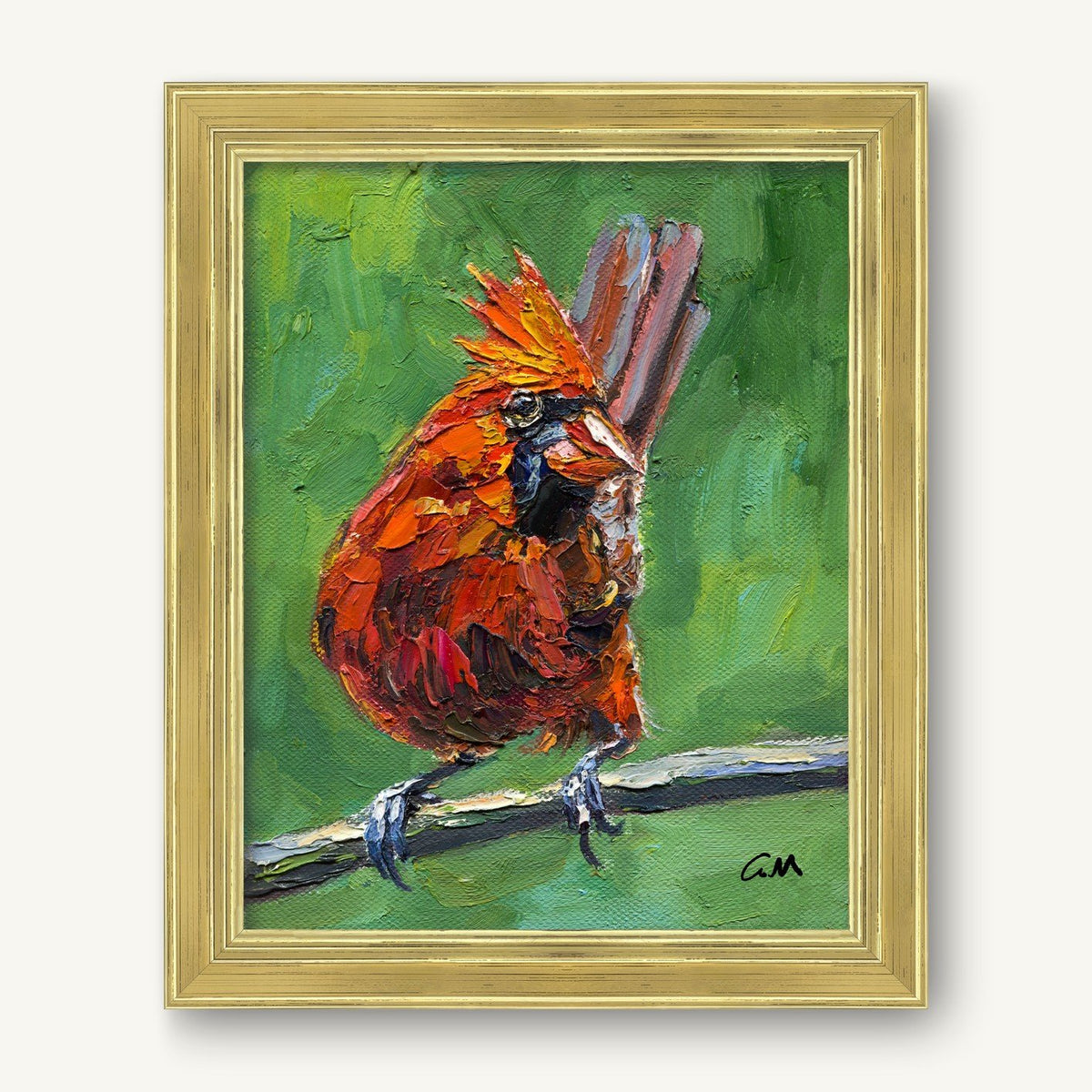 Vibrant oil painting of a cardinal bird perched on a branch, framed in gold with textured brushwork and rich red, green, and black hues.