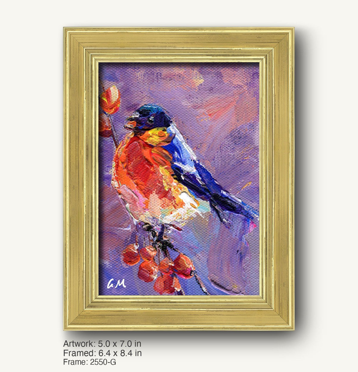 Expressive oil painting of a colorful bird perched on a berry branch, framed in a warm gold ornate frame with classic profile, vertical composition