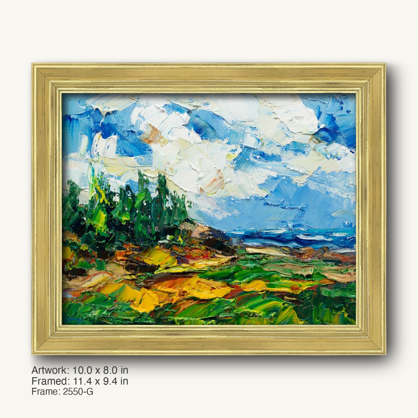 Coastal landscape oil painting with thick impasto texture in a warm gold ornate frame, horizontal composition on canvas