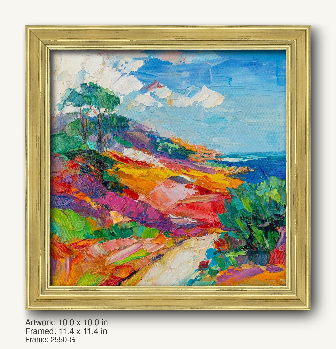 Vibrant hand-painted coastal landscape in warm gold ornate frame, featuring bold blues, greens, and yellows on canvas with textured oil brushwork