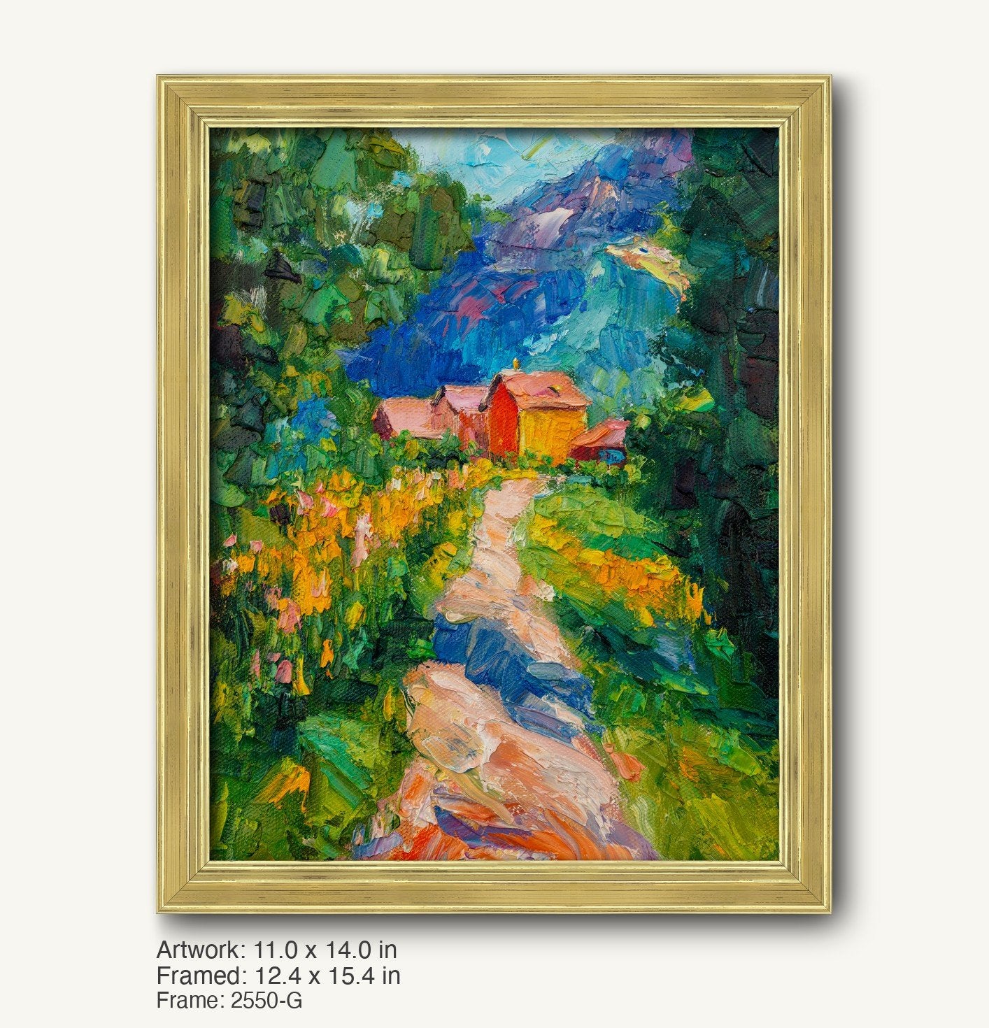 Hand-painted mountain cottage landscape in warm gold ornate frame, vibrant greens and blues, vertical composition, textured oil on canvas