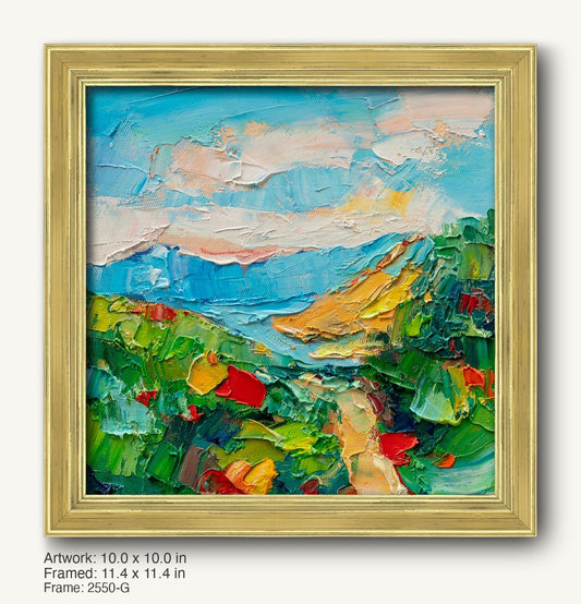 Abstract landscape oil painting in warm gold ornate frame, featuring textured brushstrokes of blue sky, green hills, and yellow accents on canvas
