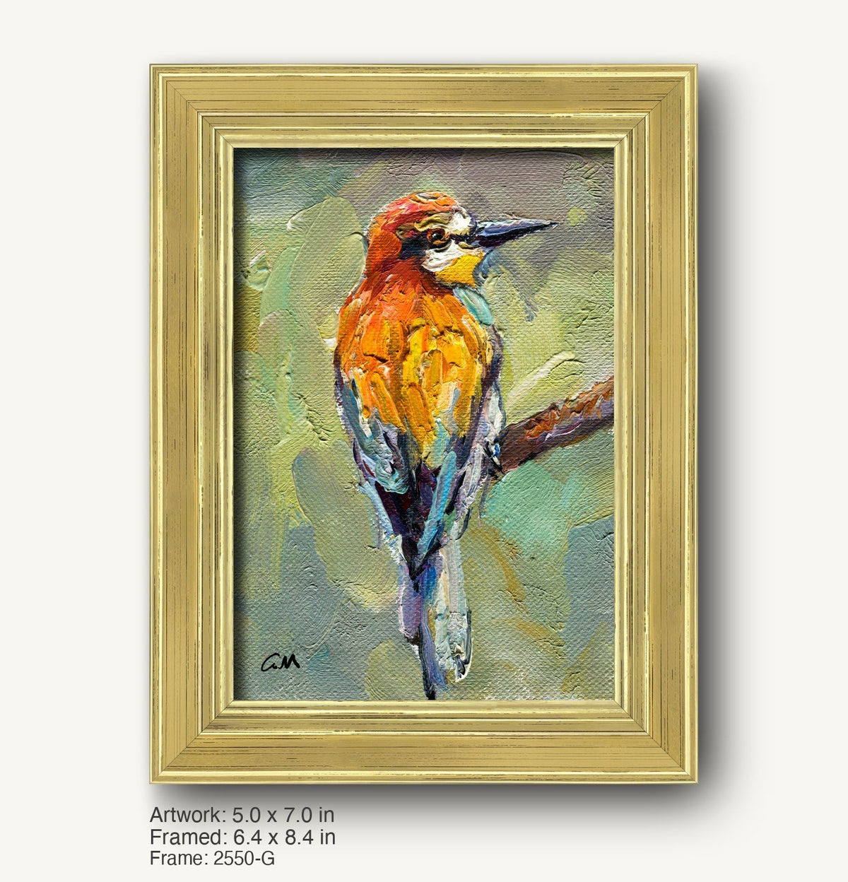 Vibrant oil painting of a woodpecker in warm orange, yellow, and green tones, framed in a classic gold-toned frame with a subtle beveled edge, set against a neutral background.