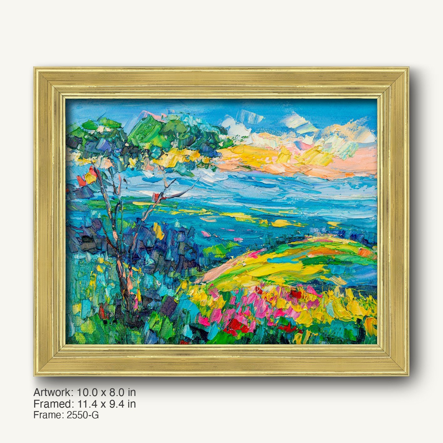 Vibrant landscape oil painting in a warm gold ornate frame, featuring abstract fields and sky with bold blues, greens, and yellows, displayed horizontally.