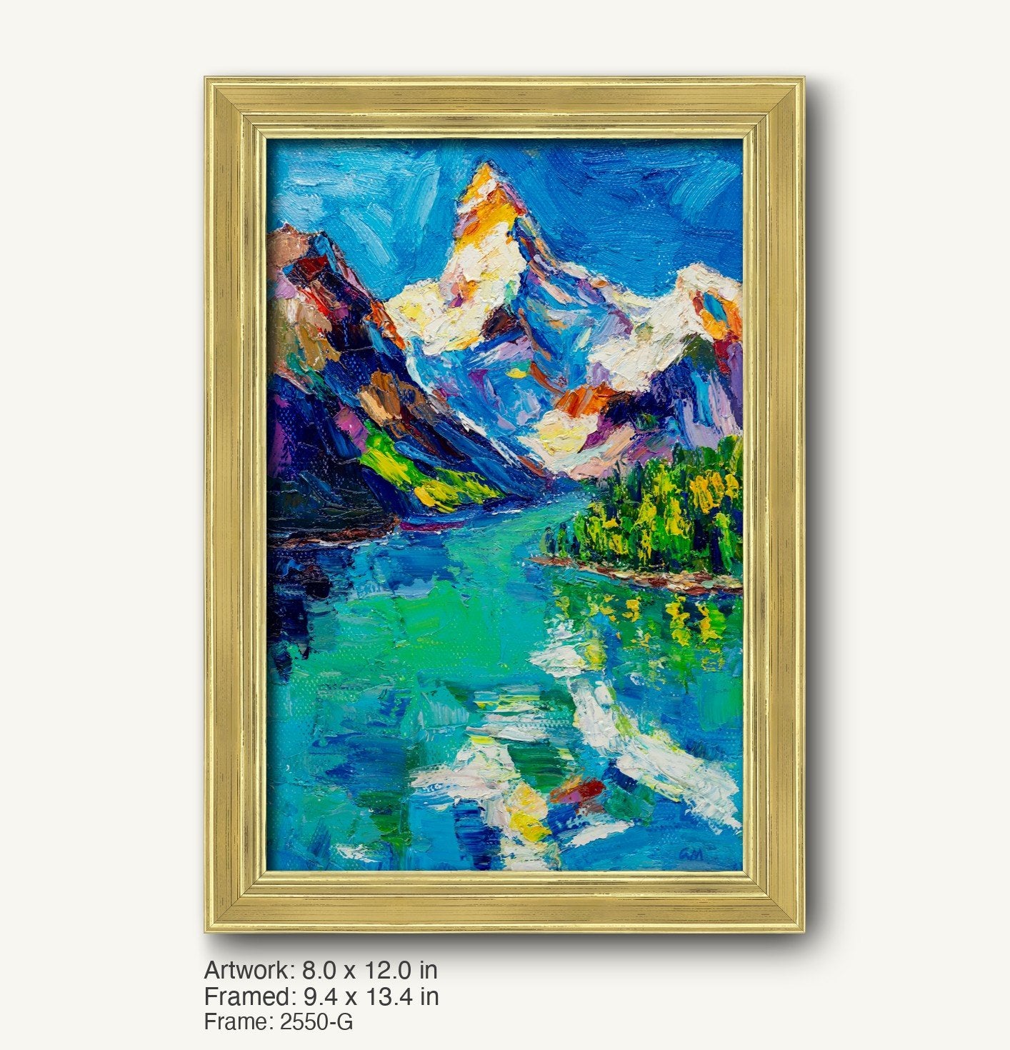 Hand-painted Alpine lake landscape in warm gold ornate frame, vertical oil on canvas with vibrant blues, greens, and whites, textured expressionist style