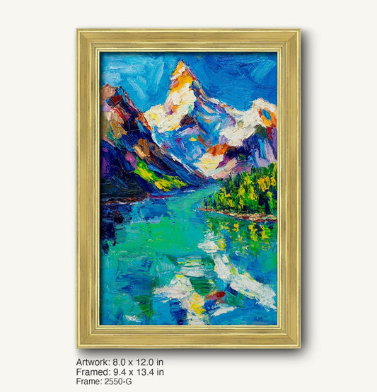 Hand-painted Alpine lake landscape in warm gold ornate frame, vertical oil on canvas with vibrant blues, greens, and whites, textured expressionist style