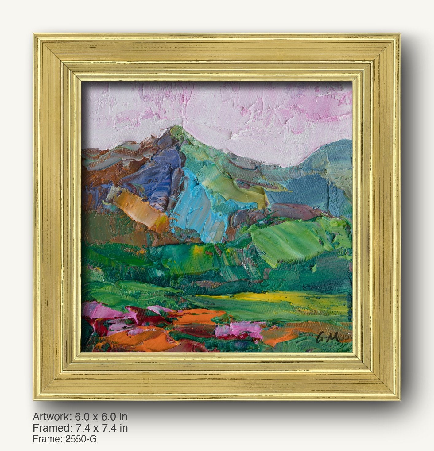Hand-painted mountain landscape in warm gold frame, vibrant oil on canvas with textured brushwork, signed by artist, displayed against neutral background