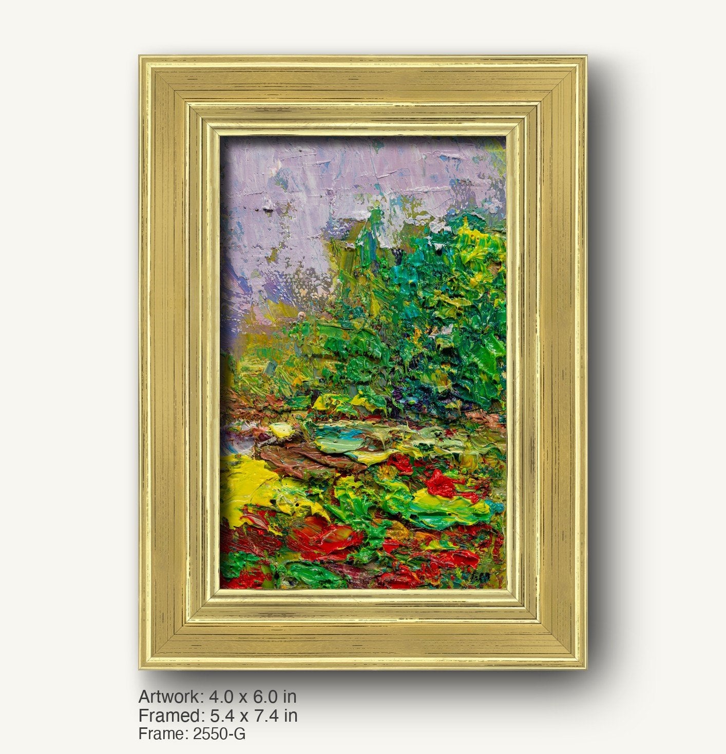 Vibrant expressionist garden scene in oil on canvas, framed in warm gold ornate frame with textured finish, vertical composition showcasing lush greenery and bold reds and yellows