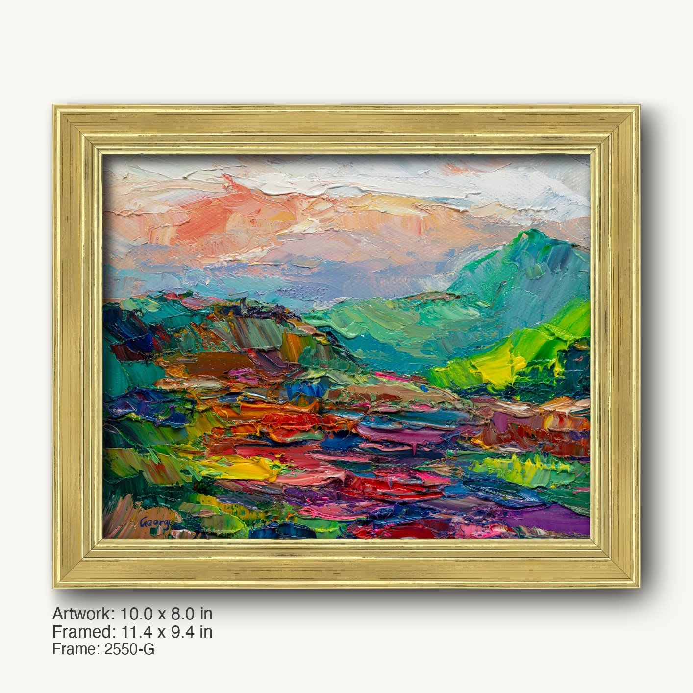 Vibrant abstract mountain landscape painting in warm gold ornate frame, horizontal canvas with textured oil brushwork and signature visible
