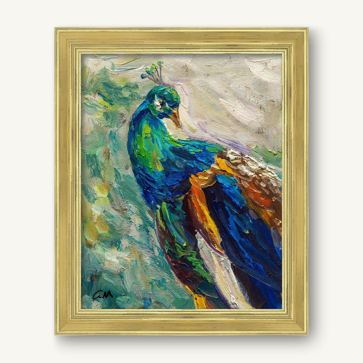 Vibrant oil painting of a peacock in gold frame, featuring rich blues, greens, and yellows with textured brushwork on canvas
