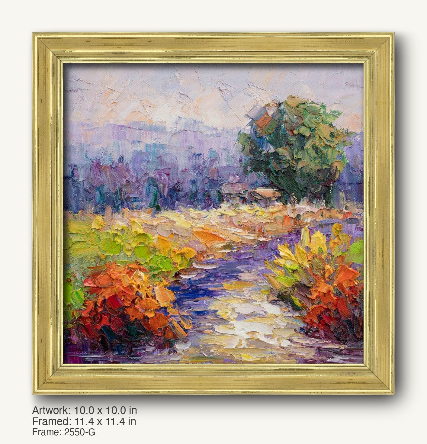 Serene garden path oil painting in warm gold ornate frame, featuring vibrant green, orange, and purple hues with textured brushwork on canvas