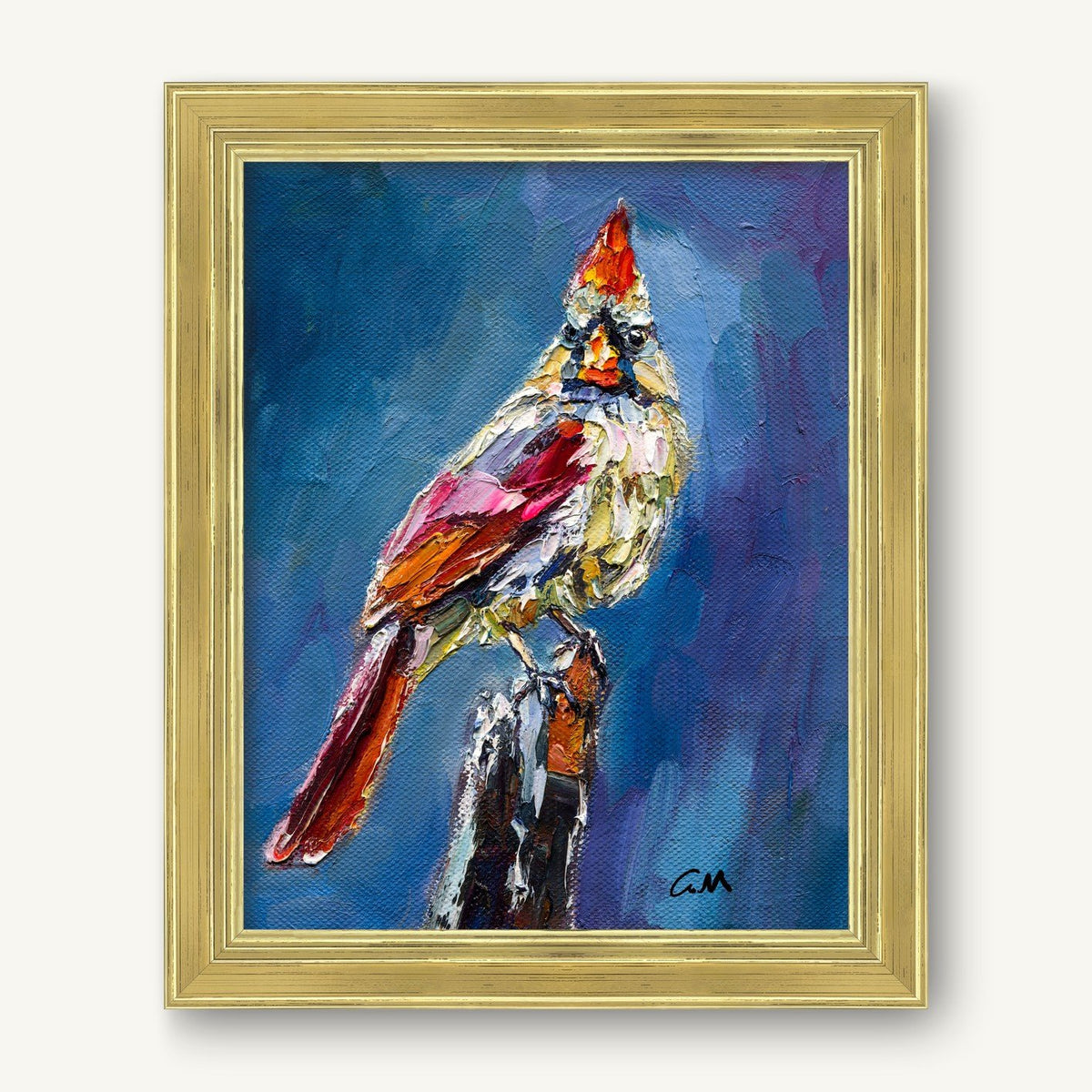 Expressive oil painting of a cardinal bird in vibrant red, blue, and white hues, framed in gold, set against a deep blue textured background.