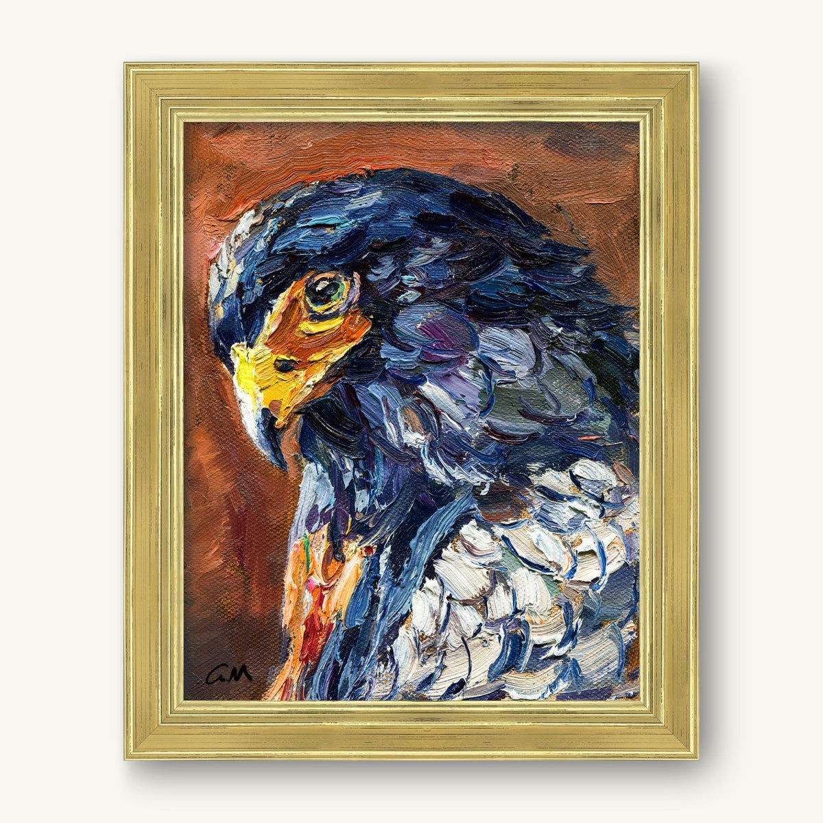Expressive oil painting of a hawk in a gold frame, featuring bold brushstrokes and rich blue, brown, and white colors on canvas
