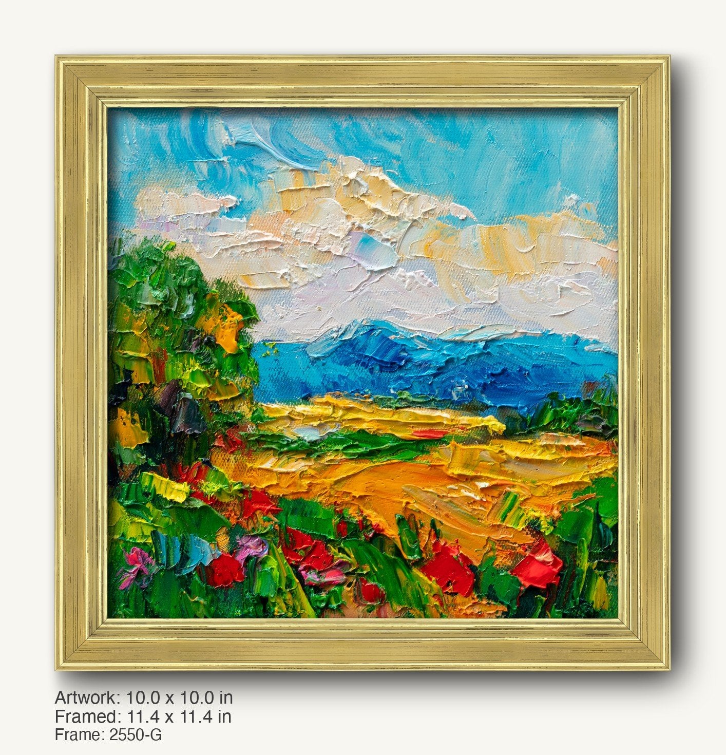 Textured oil painting of a vibrant mountain meadow with bold brushstrokes, framed in a warm gold ornate frame with classic profile and subtle inner bevel