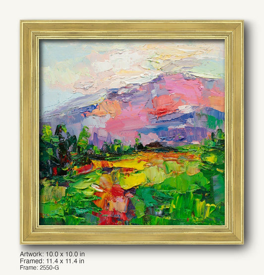 Vibrant impasto oil painting of a mountain sunset with lush green fields, framed in a warm gold ornate frame, showcasing rich textures and bold colors.