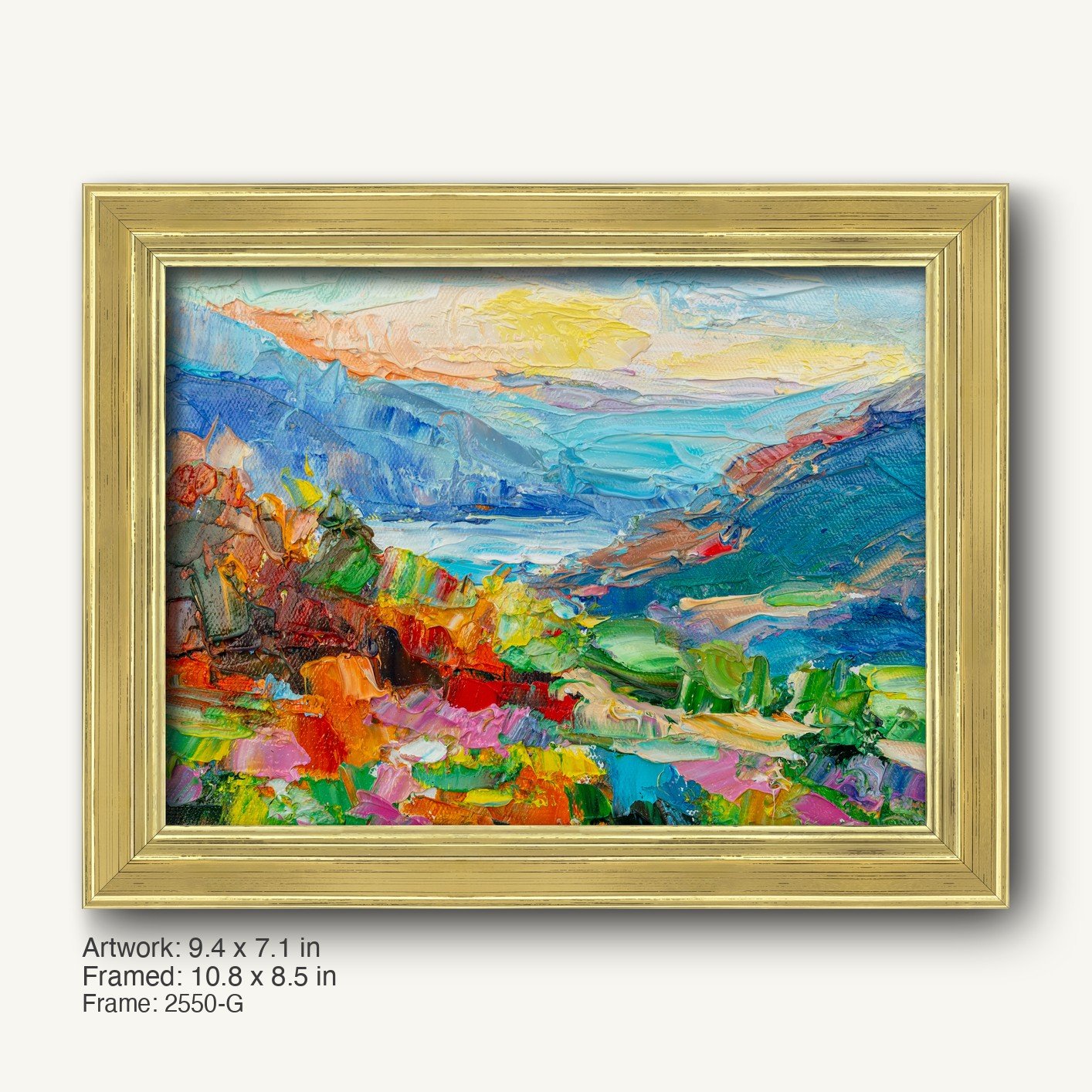 Vibrant mountain valley landscape oil painting in warm gold ornate frame, horizontal composition with textured brushwork and colorful terrain