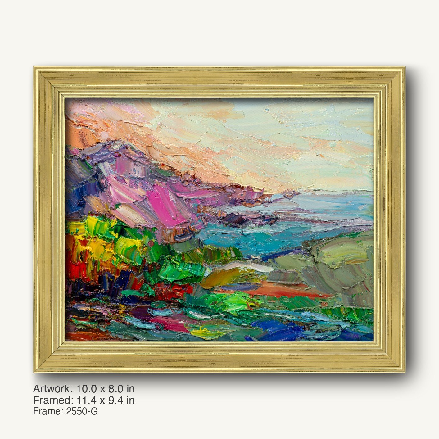 Abstract coastal landscape oil painting in warm gold ornate frame, vibrant blues, greens, and pinks on canvas, horizontal composition