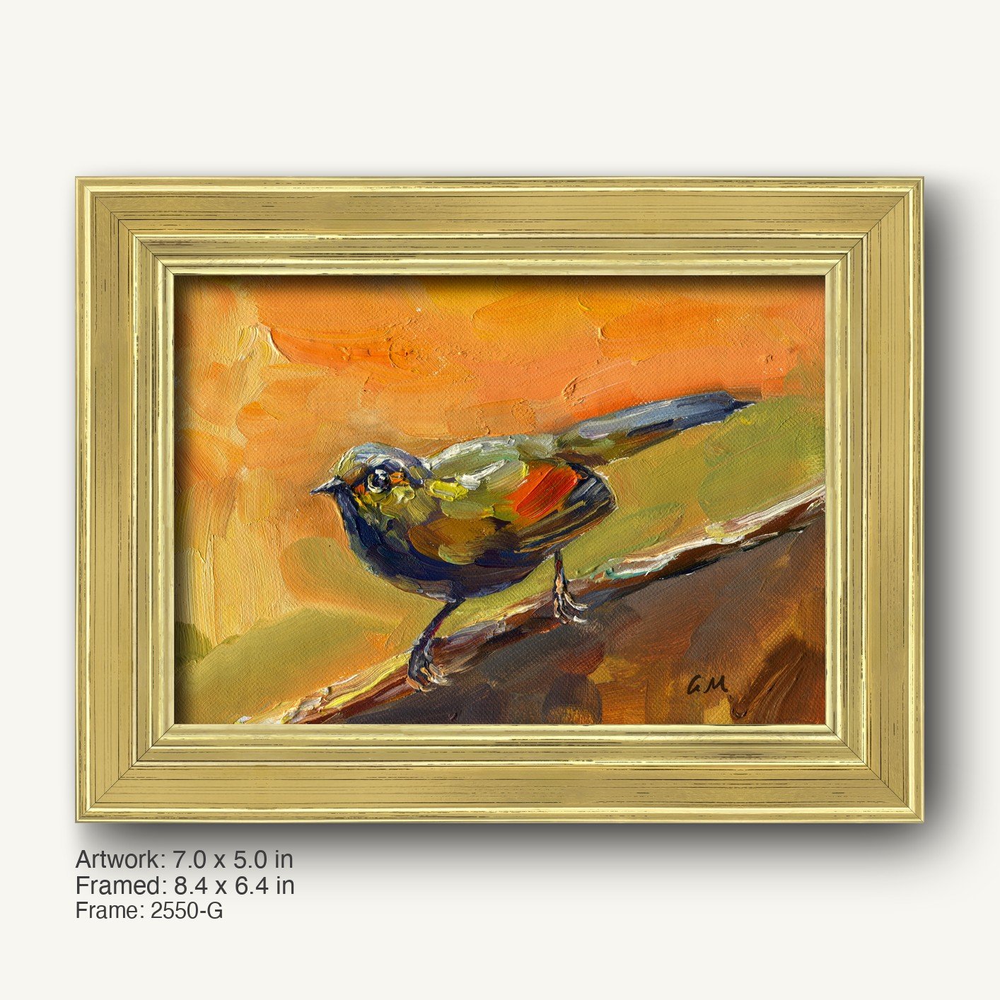 Original oil painting of a colorful bird perched on a branch, rendered in impasto style with vibrant orange, green, and blue hues, displayed in a warm gold ornate frame