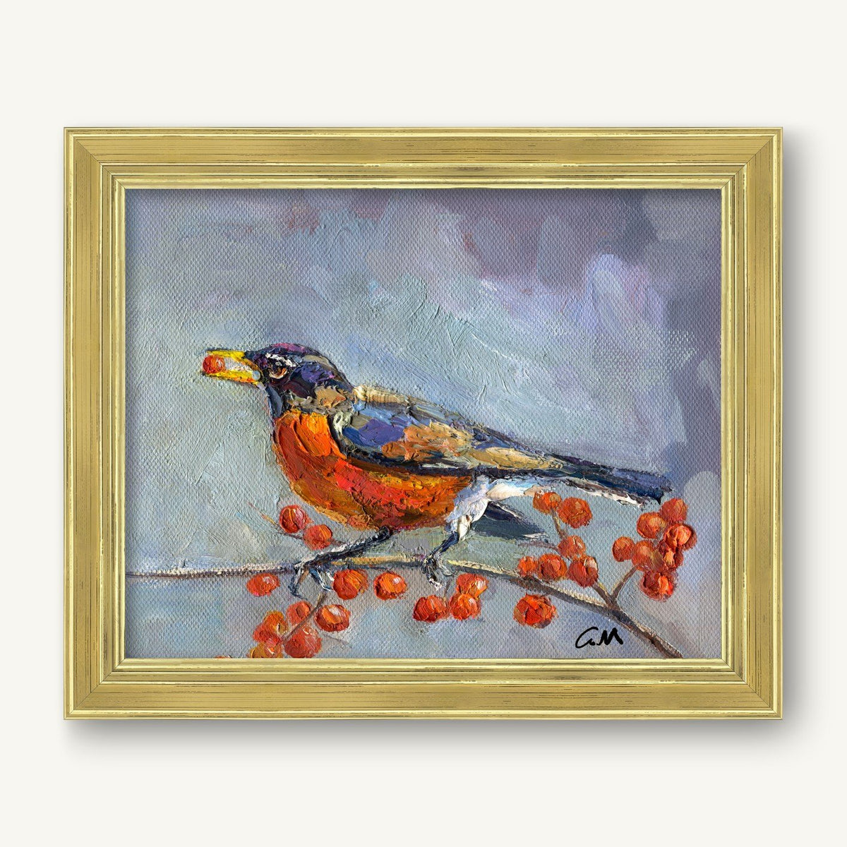 Framed oil painting of a robin perched on a branch with red berries, set against a soft gray sky, in a gold frame