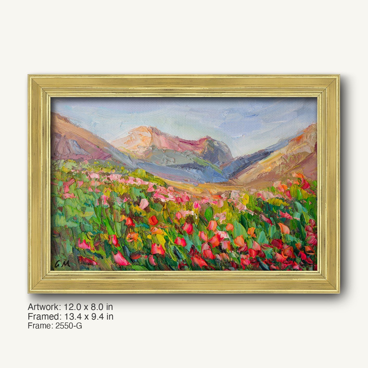 Hand-painted poppy meadow landscape in warm gold ornate frame, vibrant red and pink flowers against green hills and distant mountains, horizontal composition