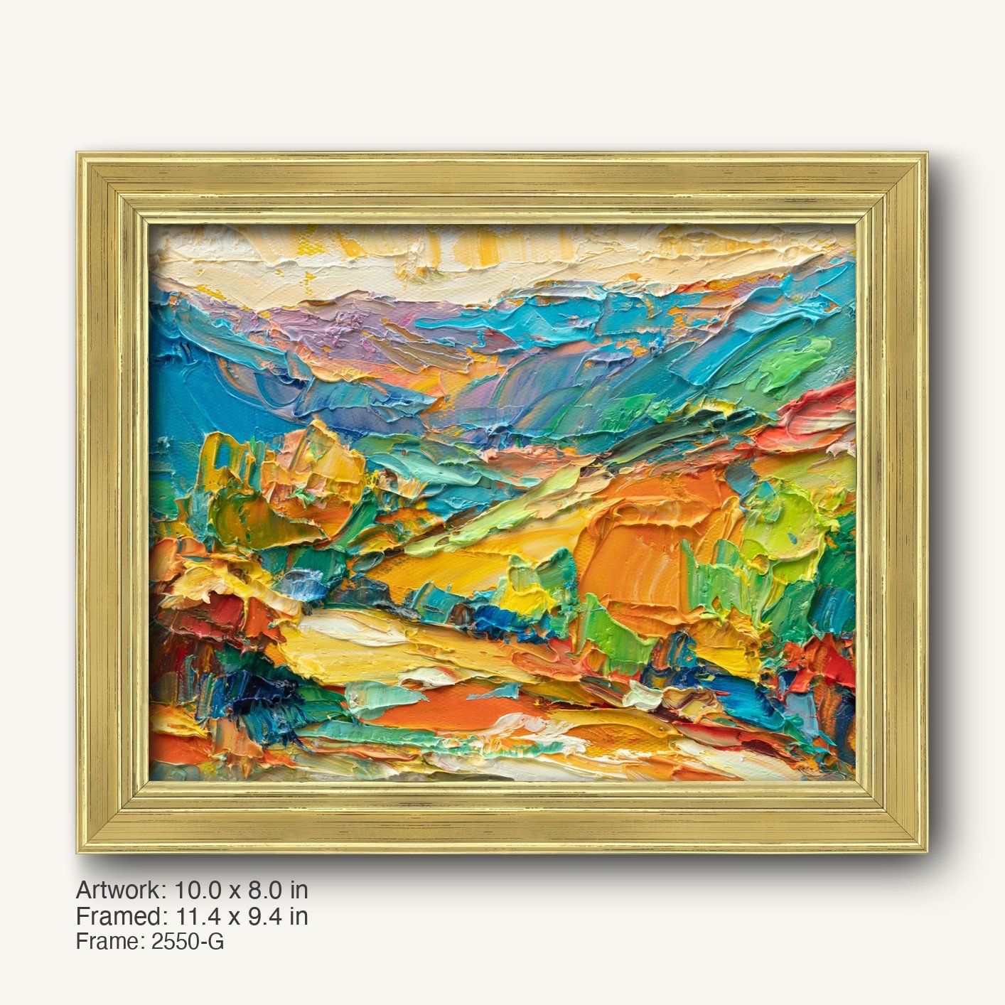 Vibrant hand-painted abstract landscape in warm gold ornate frame, featuring bold brushstrokes of blue, green, orange, and red on canvas, displayed horizontally