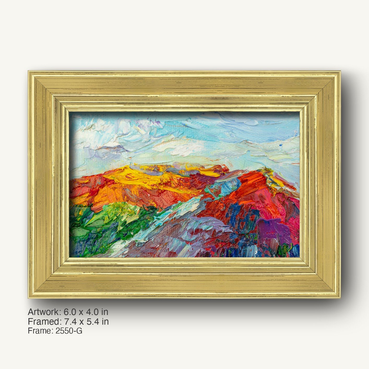 Abstract landscape oil painting in warm gold ornate frame, vibrant colors on canvas, horizontal composition with textured brushwork