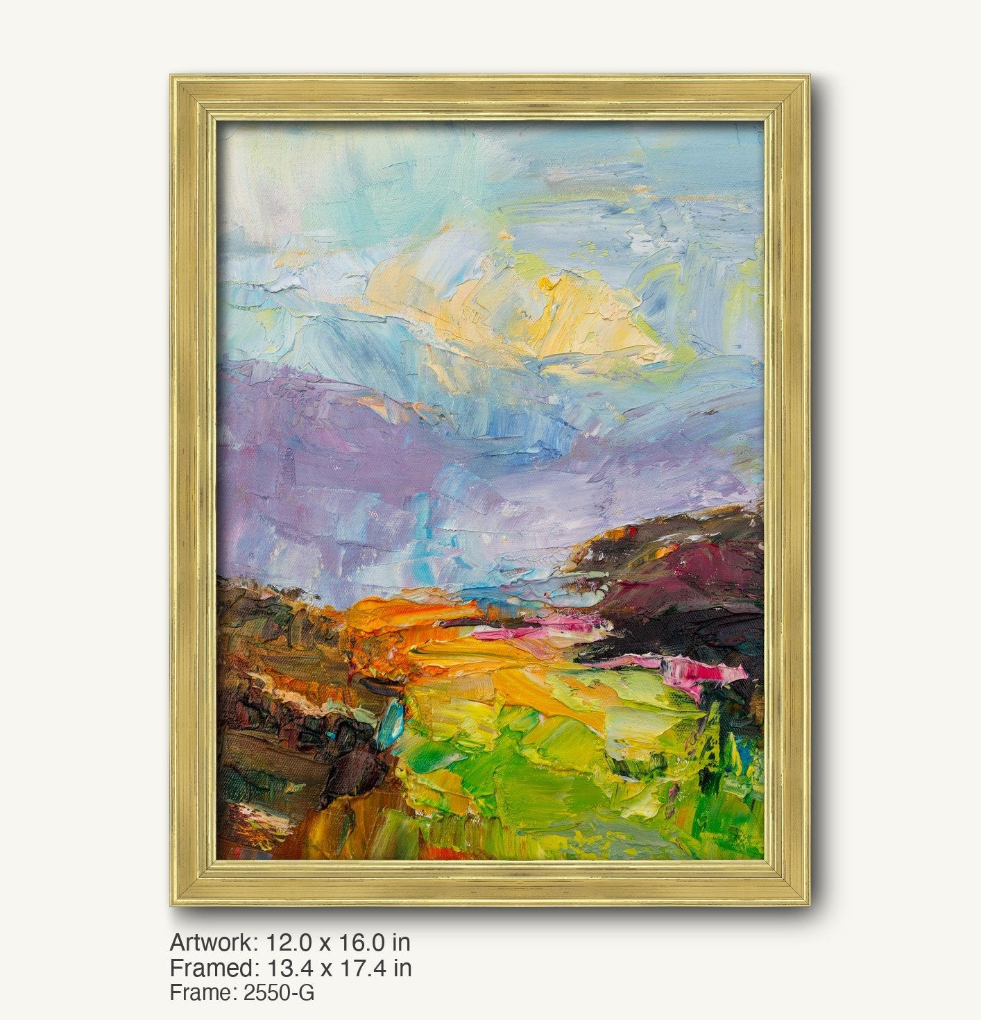 Vertical abstract landscape oil painting with bold palette knife textures in blue, green, and yellow hues, displayed in a warm gold ornate frame with classic profile