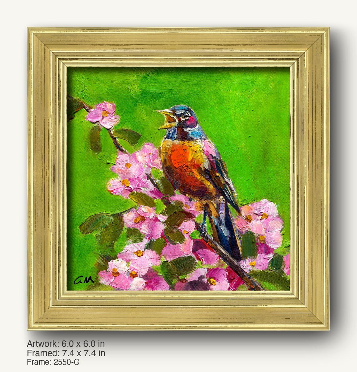 Hand-painted robin perched on blooming pink flowers against a vibrant green background, framed in a warm gold ornate frame with classic profile and textured finish