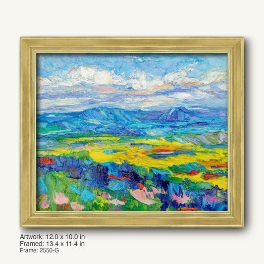 Vibrant oil painting of a mountain meadow in gold frame, featuring thick impasto texture and spring colors, horizontal composition with blue sky, green hills, and yellow fields.