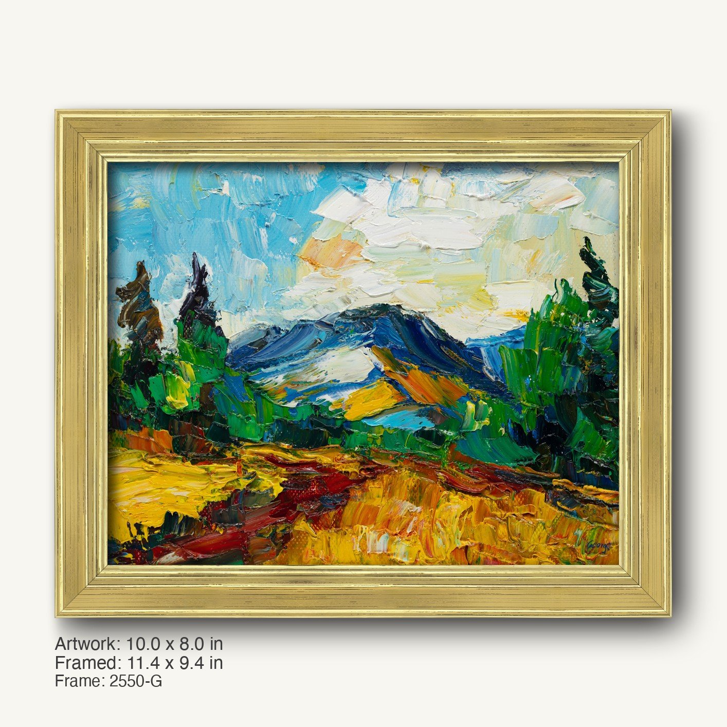 Vibrant oil painting of a mountain landscape with bold impasto texture, framed in a warm gold ornate frame, showcasing expressive blues, greens, and yellows.