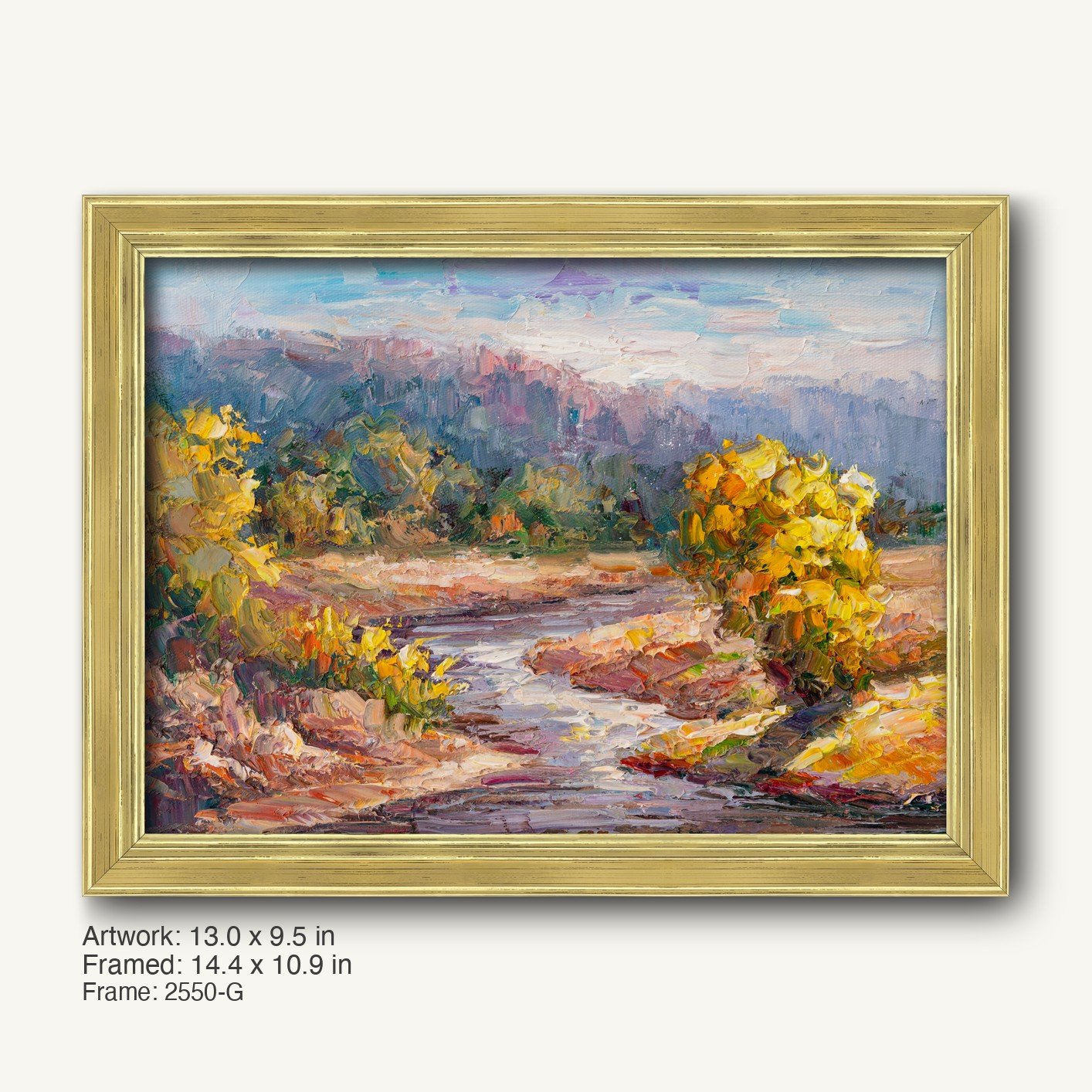 Impressionist river landscape oil painting in warm gold ornate frame, featuring vibrant yellow foliage, flowing stream, and distant mountains under soft sky