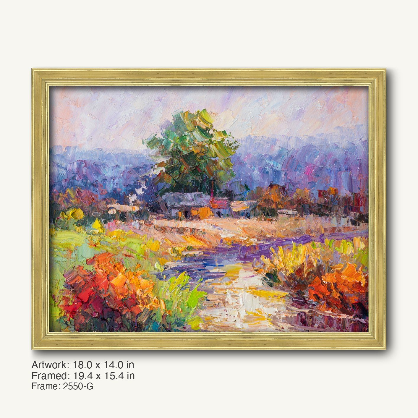 Impasto landscape oil painting in warm gold ornate frame, featuring vibrant garden path with textured brushwork and soft purple hills under pastel sky