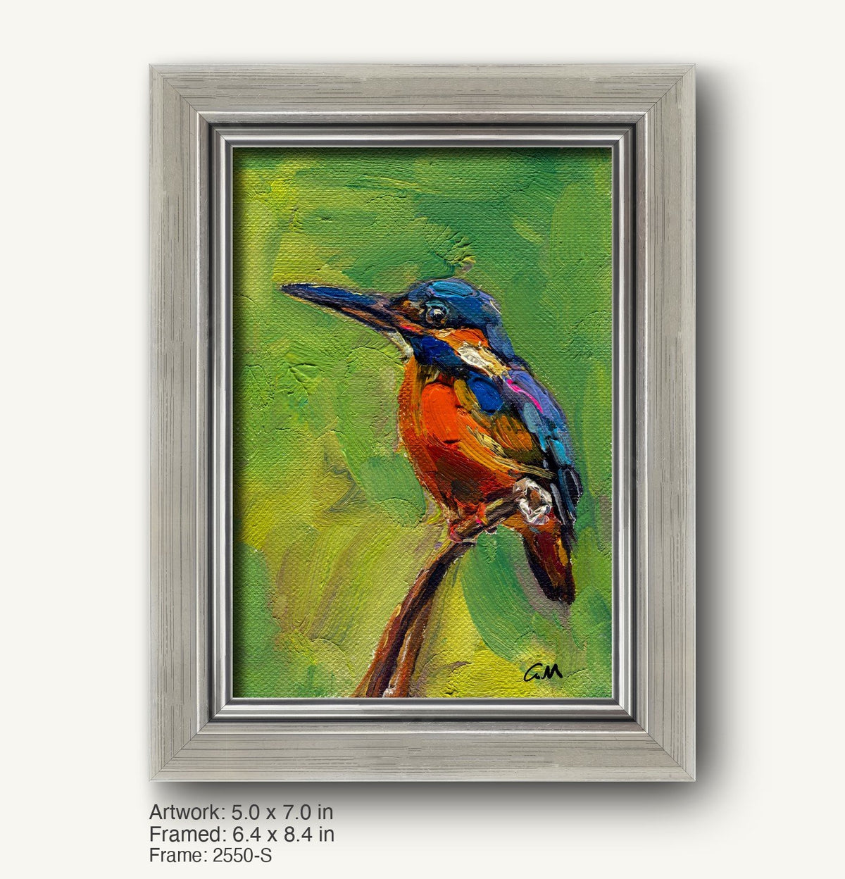Hand-painted kingfisher bird in vibrant blues, reds, and greens on canvas, framed in a sleek silver-gray modern slim frame with subtle texture, set against a neutral background.