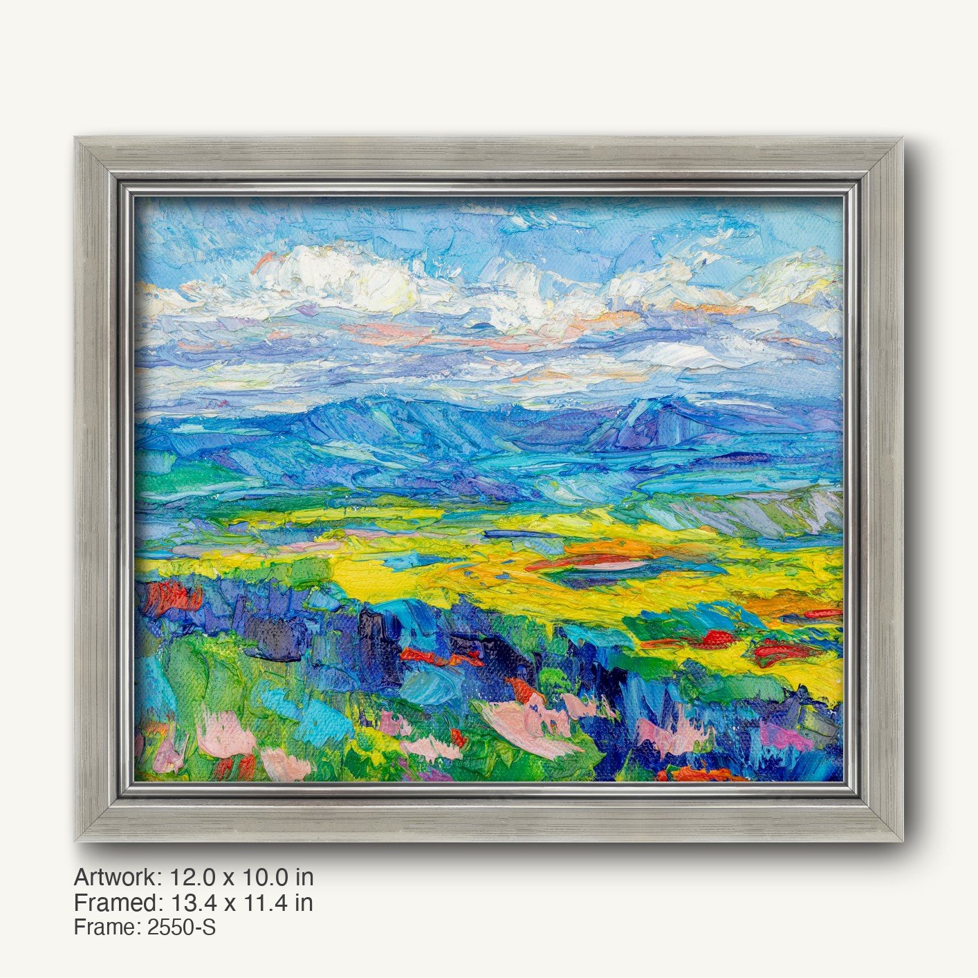 Vibrant oil painting of a mountain meadow in spring, featuring thick impasto texture and bold blues, greens, and yellows, displayed in a sleek silver-gray frame with a modern slim profile.