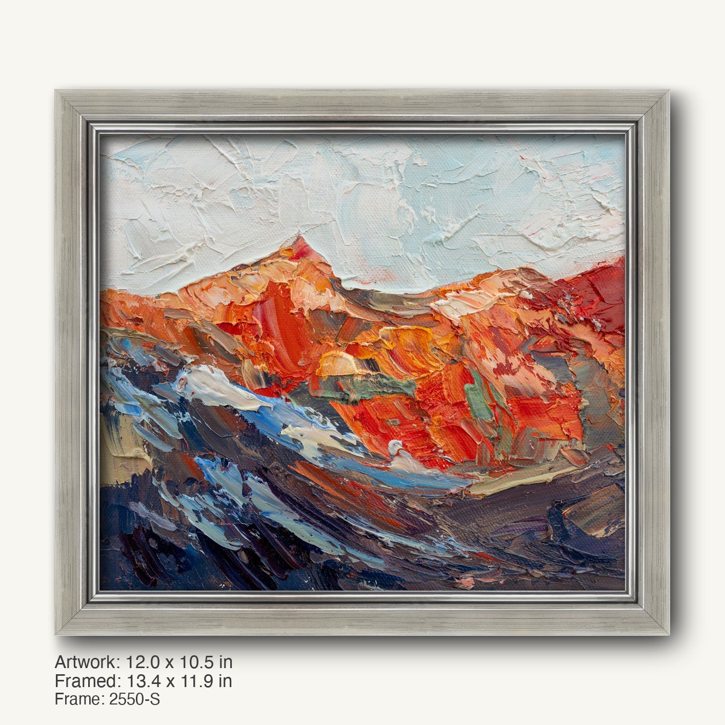 Abstract mountain landscape oil painting in a cool silver modern slim frame, featuring bold red, blue, and white textures on canvas