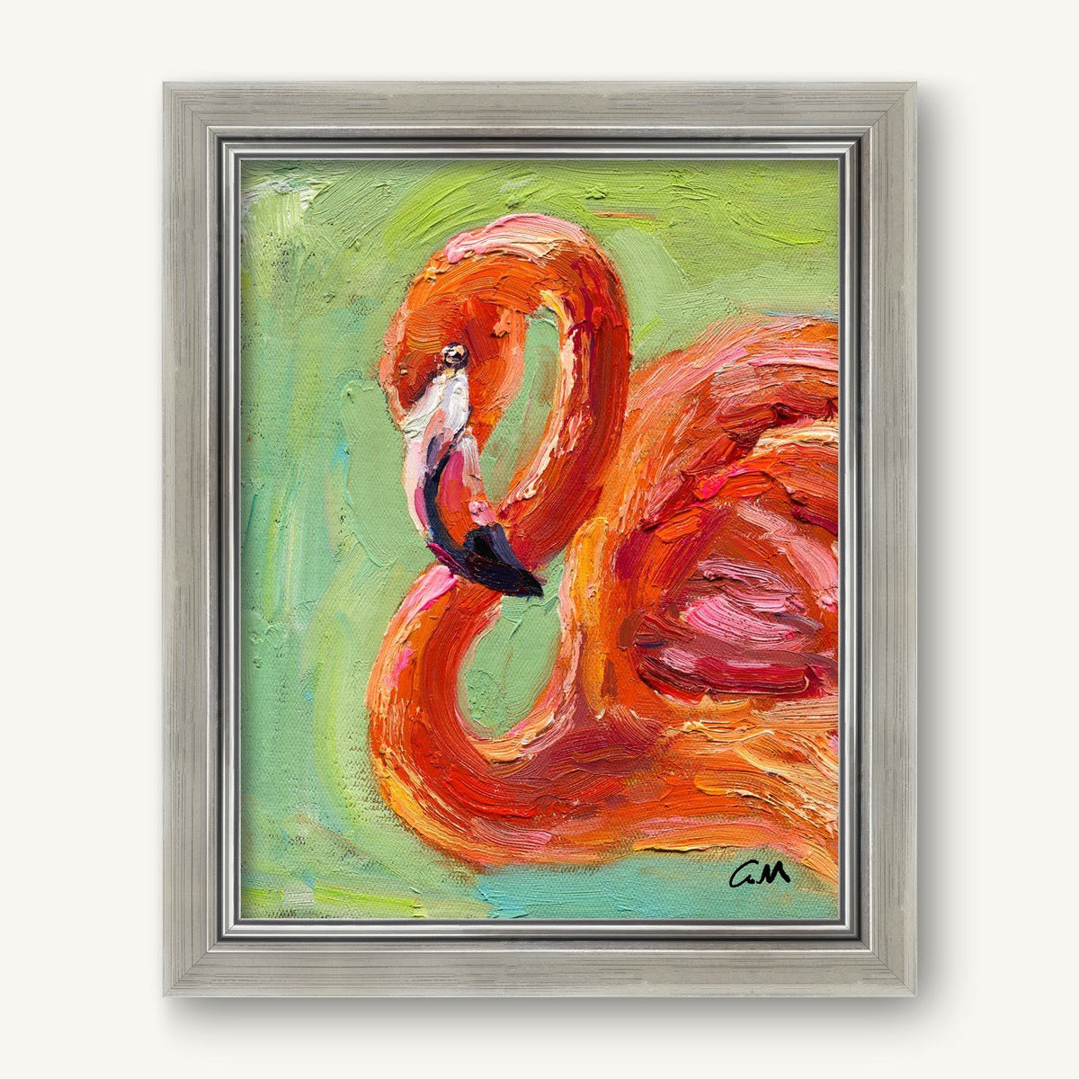 Vibrant oil painting of a flamingo in expressive impasto style, framed in silver, showcasing bold red and pink hues against a green background