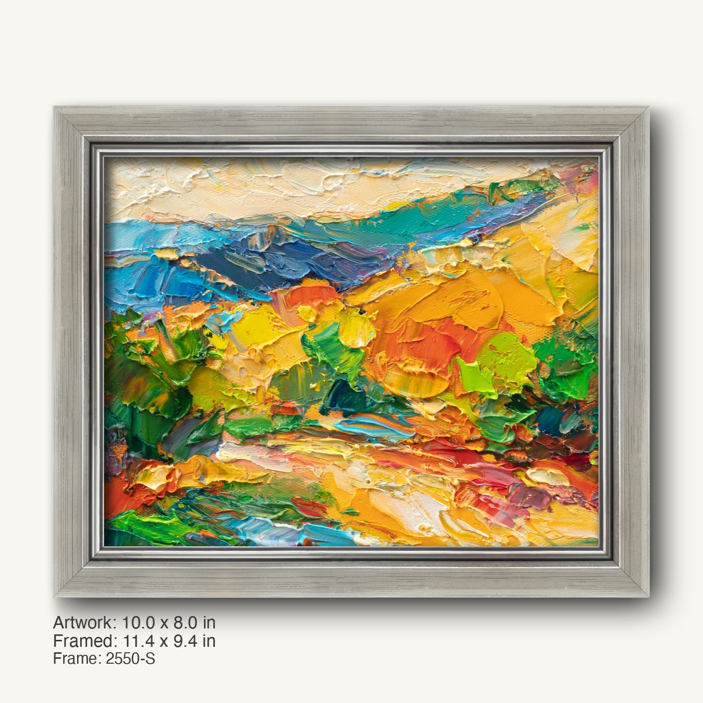 Abstract landscape oil painting in a cool silver modern slim frame, vibrant colors of blue, green, yellow, red, and orange on canvas, horizontal composition with textured brushwork
