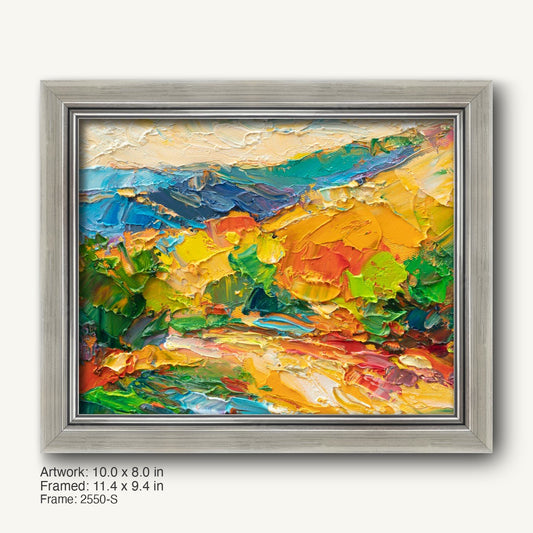 Abstract landscape oil painting in a cool silver modern slim frame, vibrant colors of blue, green, yellow, red, and orange on canvas, horizontal composition with textured brushwork