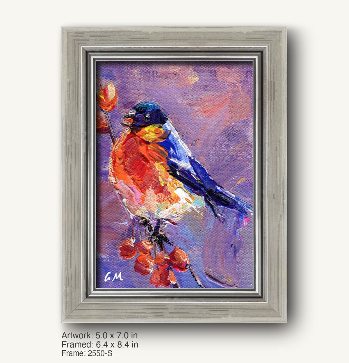 Expressive oil painting of a colorful bird perched on a berry branch, framed in a modern slim silver frame with a brushed texture and clean inner edge