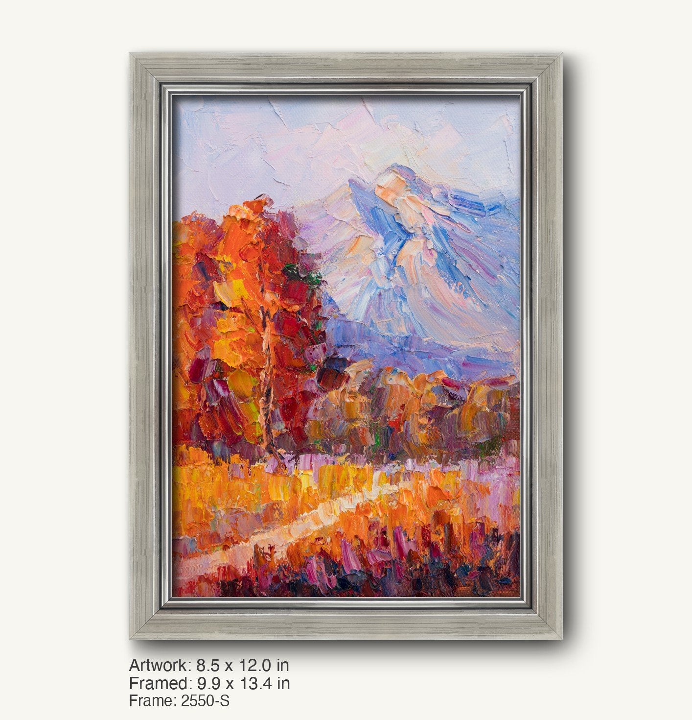 Vertical oil painting of autumn mountain landscape with vibrant orange and red foliage, framed in a cool silver modern slim frame with subtle texture