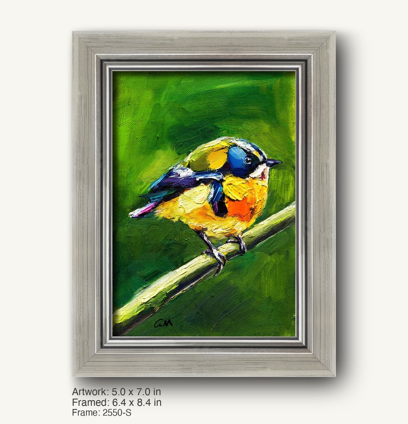 Vibrant hand-painted bird perched on a branch, set in a sleek silver-gray frame with a modern slim profile, showcasing rich greens, yellows, and blues against a textured background.