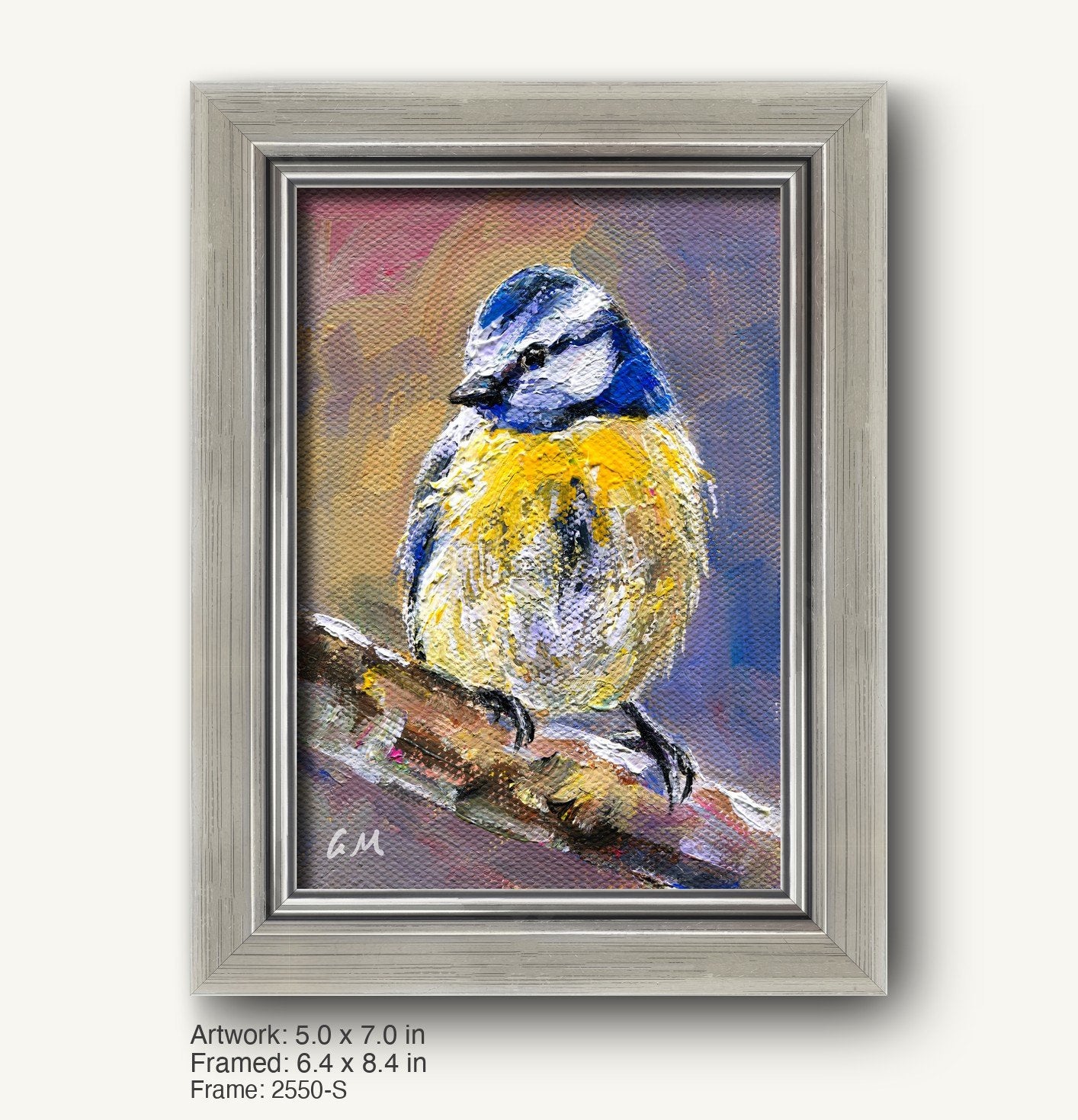 Palette knife oil painting of a blue tit perched on a branch, framed in a sleek silver-gray modern slim frame with subtle texture and beveled edges