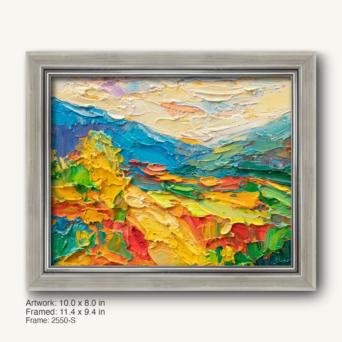 Vibrant abstract landscape painting in a cool silver modern slim frame, featuring thick impasto oil texture with bold blues, yellows, greens, and reds on canvas