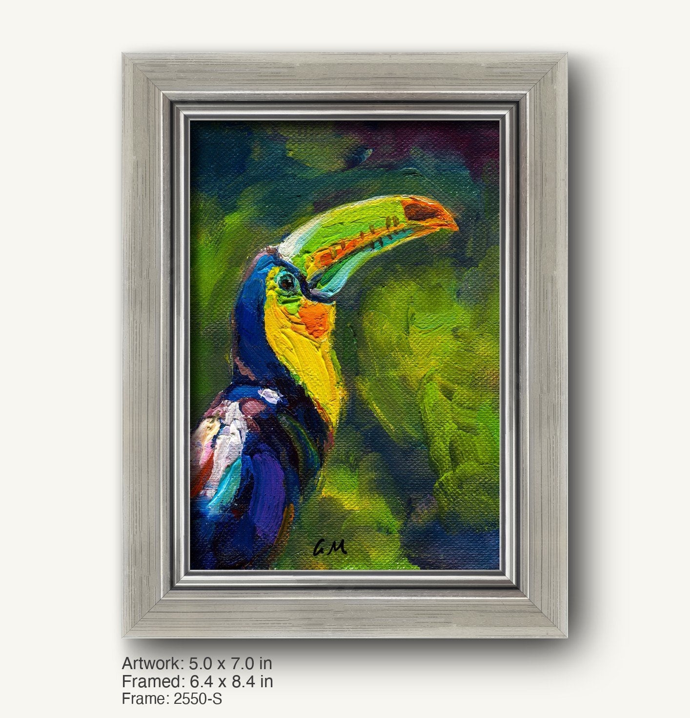Vibrant oil painting of a toucan with bold green, blue, and yellow hues in a sleek silver frame, vertical composition on canvas