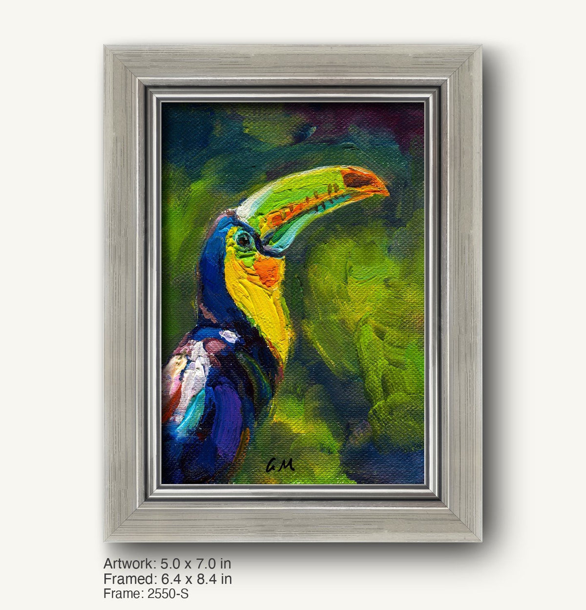 Vibrant oil painting of a toucan with bold green, blue, and yellow hues in a sleek silver frame, vertical composition on canvas