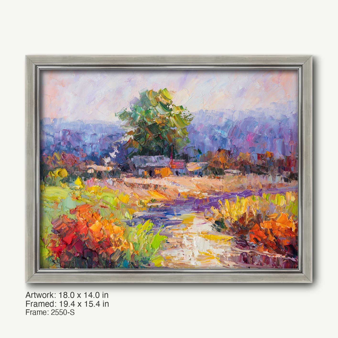 Impasto landscape oil painting in a cool silver modern slim frame, featuring vibrant green, blue, and orange hues with textured brushwork on canvas