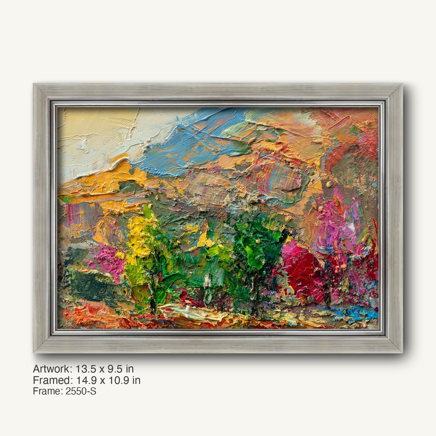 Vibrant abstract landscape oil painting with thick impasto texture in a sleek silver frame, featuring bold greens, yellows, and reds on canvas