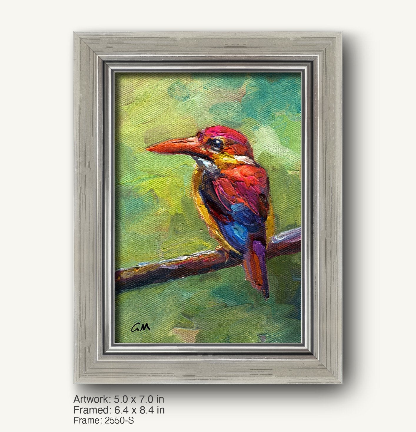 Vibrant oil painting of a kingfisher bird perched on a branch, framed in a sleek silver-toned frame with a modern slim profile, set against a soft green textured background.
