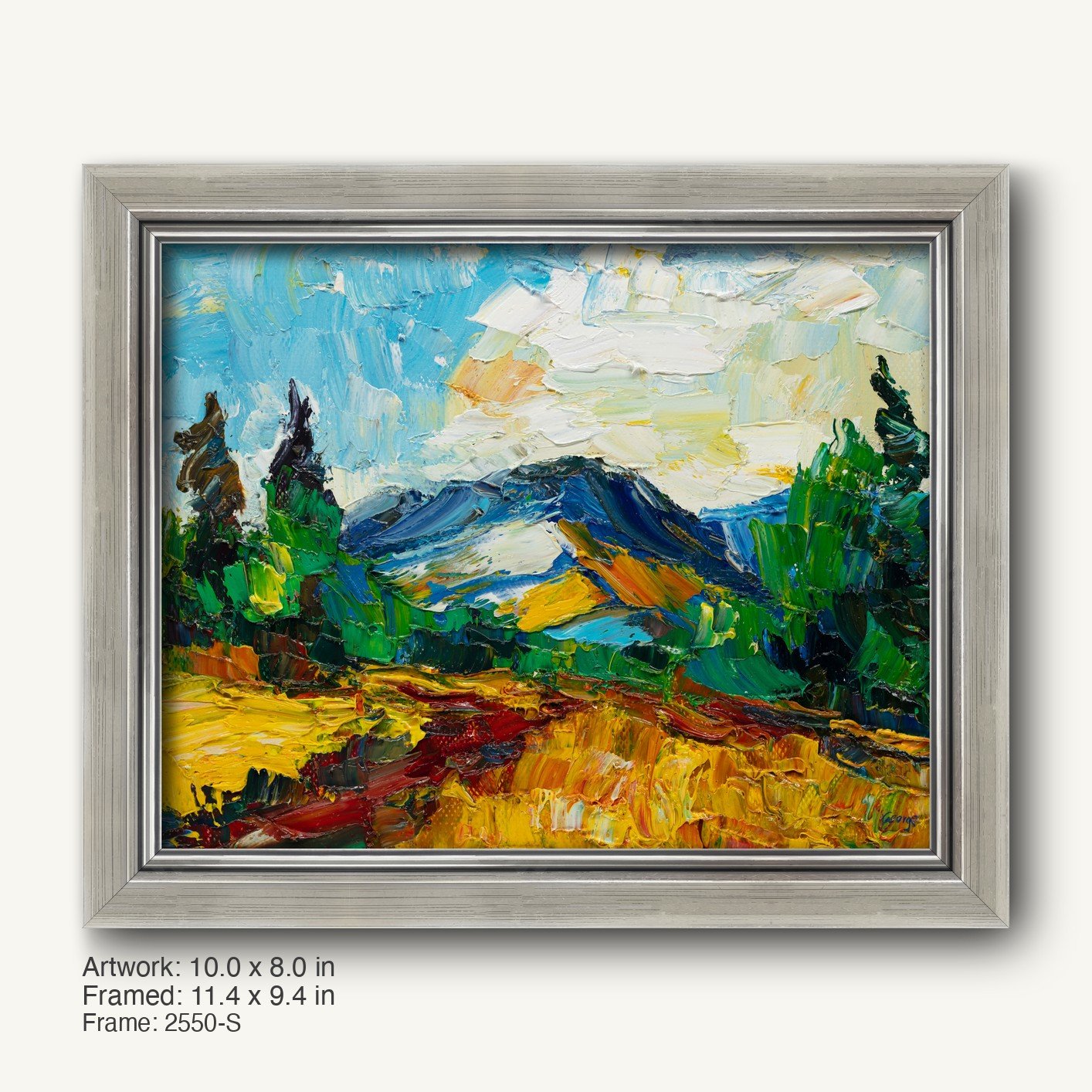 Vibrant oil painting of a mountain landscape with bold impasto texture, framed in a sleek silver-toned modern slim frame, showcasing expressive blues, greens, and yellows.